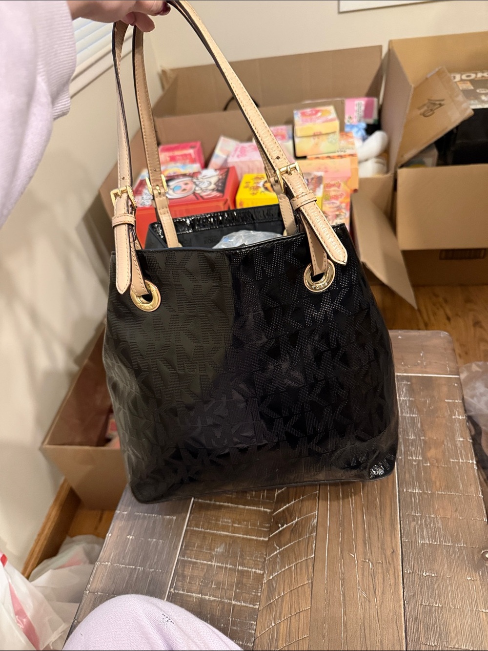 Michael Kors Black Logo Tote with Tan Handles